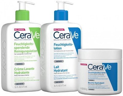 Eine Auswahl von drei der verfügbaren Produkte von CeraVe: links die feuchtigkeitsspendende Reinigungslotion, in der Mitte die Feuchtigkeitslotion, und rechts die Feuchtigkeitscreme Eine Auswahl von drei der verfügbaren Produkte von CeraVe: links die feuchtigkeitsspendende Reinigungslotion, in der Mitte die Feuchtigkeitslotion, und rechts die Feuchtigkeitscreme