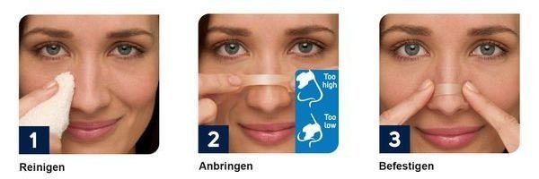 Anwendung der Nasenstrips mit drei Bildern erklärt